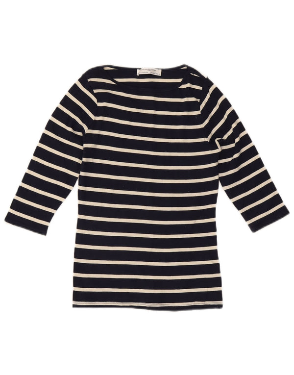 ZARA Top feminino manga 3/4 Reino Unido 12 algodão listrado azul marinho médio
