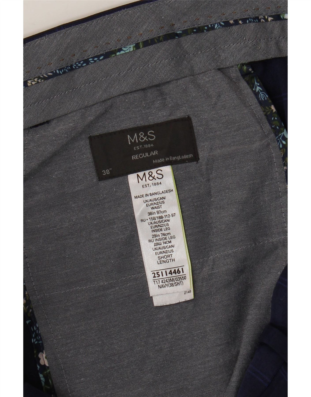 Calça masculina de ajuste regular Marks & Spencer W38 L29 azul marinho xadrez