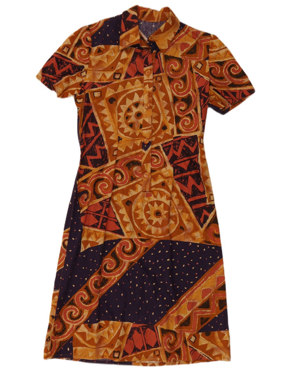 Vestido vintage feminino linha A UK 14 marrom médio geométrico