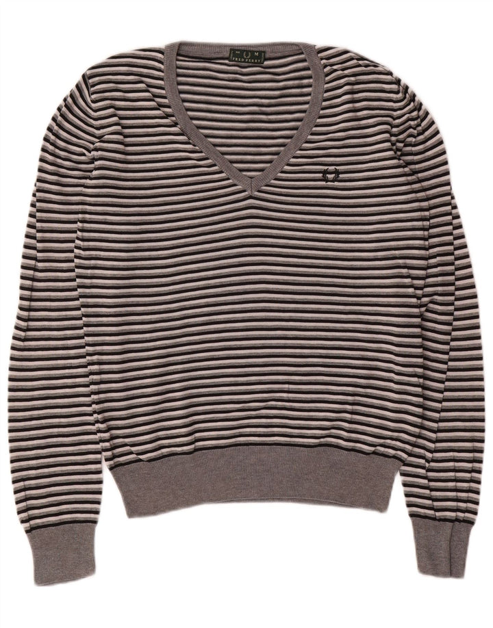 Suéter feminino Fred Perry com decote em V Reino Unido 14 algodão listrado cinza médio