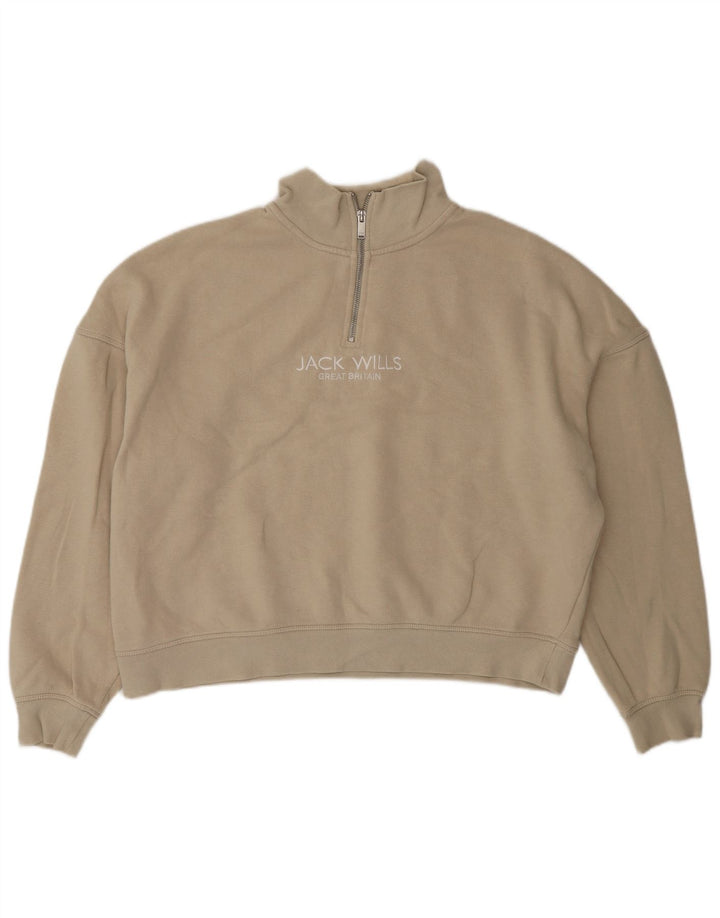 JACK WILLS Suéter feminino grande com zíper e gola redonda Reino Unido 14 grande bege