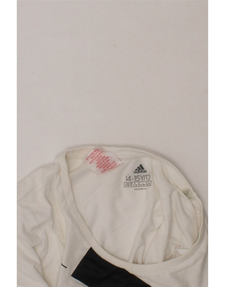 ADIDAS Girls Graphic T-Shirt Top 14-15 Years White Cotton Vintage Adidas and Second-Hand Adidas from Messina Hembry 