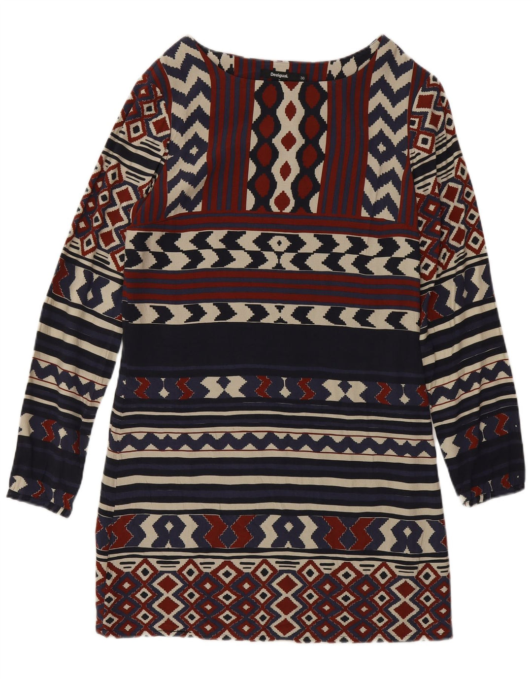 Vestido feminino Desigual manga comprida bainha UE 36 pequeno azul marinho geométrico