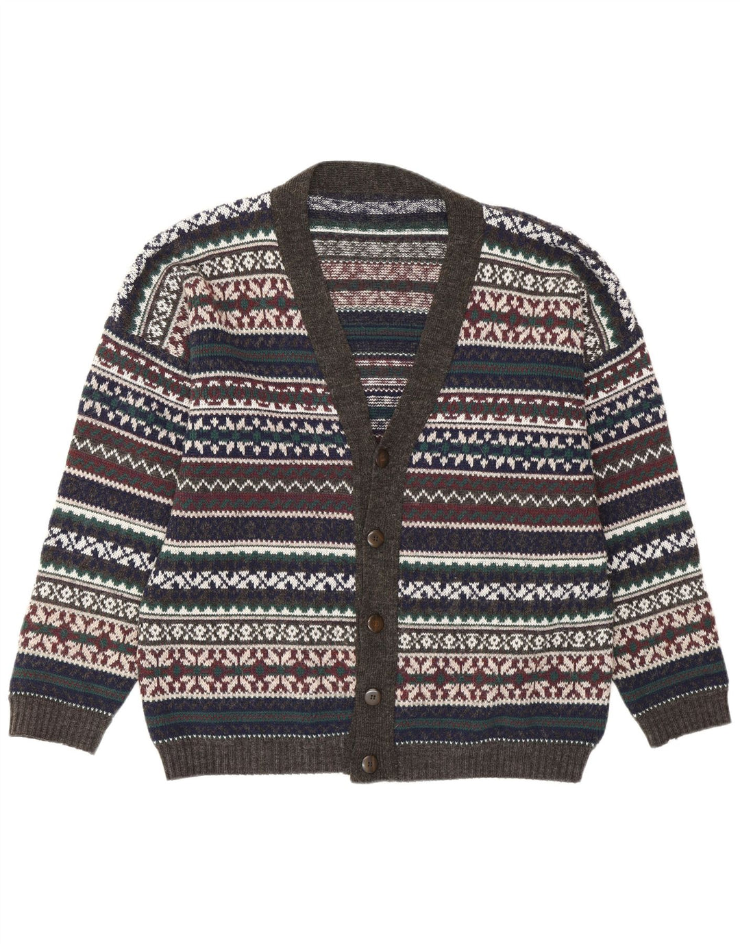 Suéter cardigã masculino vintage grande multicolorido Fair Isle retrô