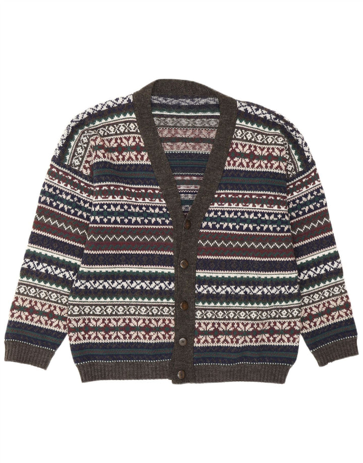 Suéter cardigã masculino vintage grande multicolorido Fair Isle retrô