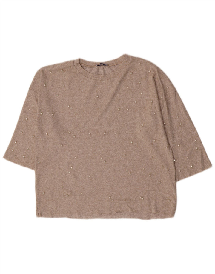 Zara blusa feminina manga 3/4 top UK 14 viscose manchada bege médio