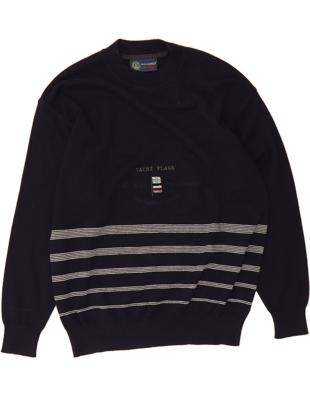 MALAGRIDA Mens Graphic Crew Neck Jumper Sweater Large Navy Blue Striped Vintage Malagrida and Second-Hand Malagrida from Messina Hembry 