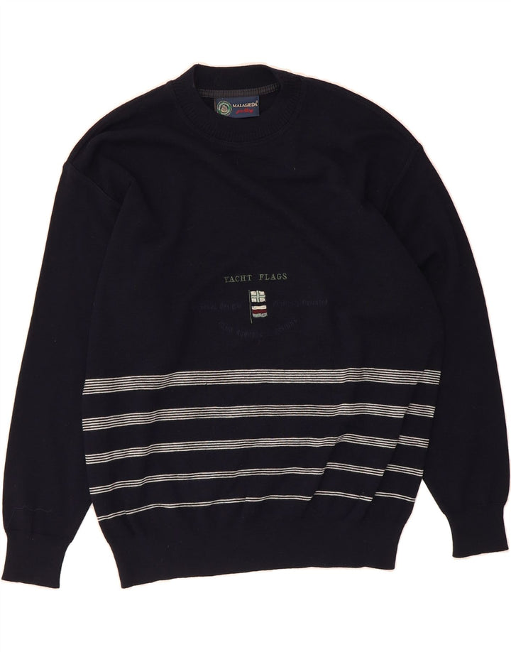 MALAGRIDA Mens Graphic Crew Neck Jumper Sweater Large Navy Blue Striped Vintage Malagrida and Second-Hand Malagrida from Messina Hembry 