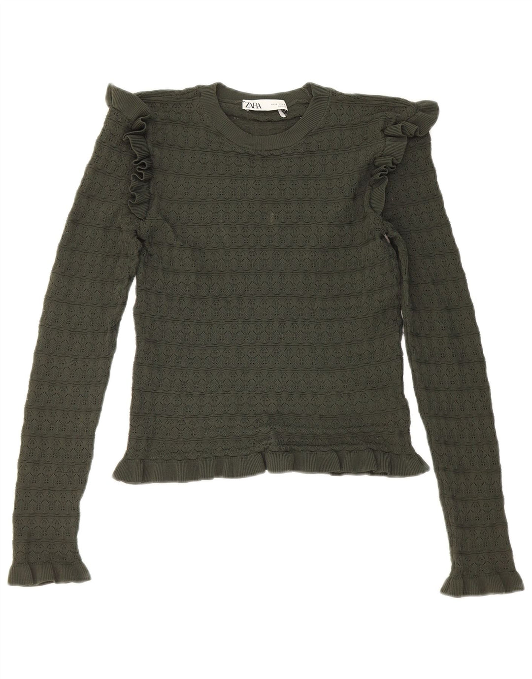 Zara Womens Crop Ruffle Front Top Manga Longa Reino Unido 8 Pequeno Poliéster Cáqui