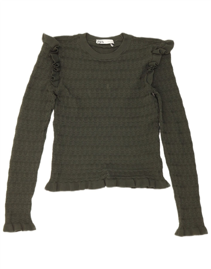 Zara Womens Crop Ruffle Front Top Manga Longa Reino Unido 8 Pequeno Poliéster Cáqui