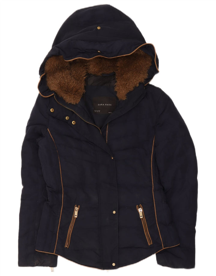Jaqueta acolchoada com capuz feminino Zara UK 12 poliéster azul marinho médio