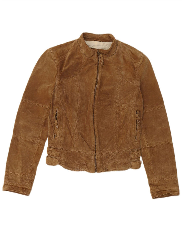 Zara Womens Crop Suede Jacket UK 12 Couro Bege Médio