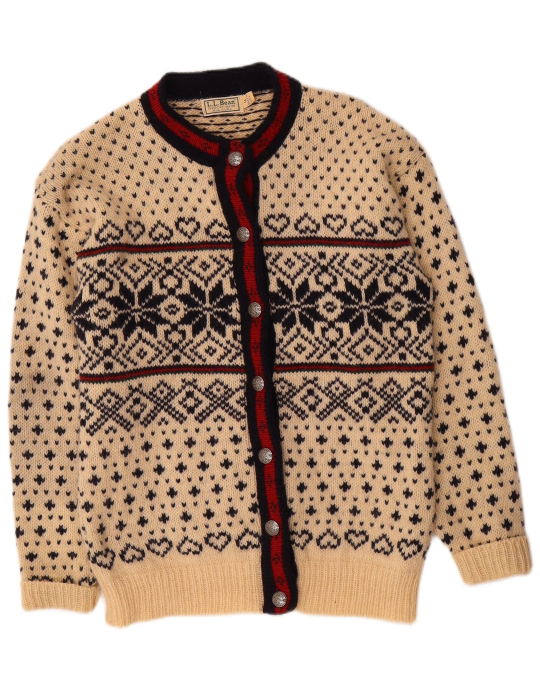 Suéter cardigã feminino L.L.Bean Reino Unido 14 médio off white Fair Isle Wool