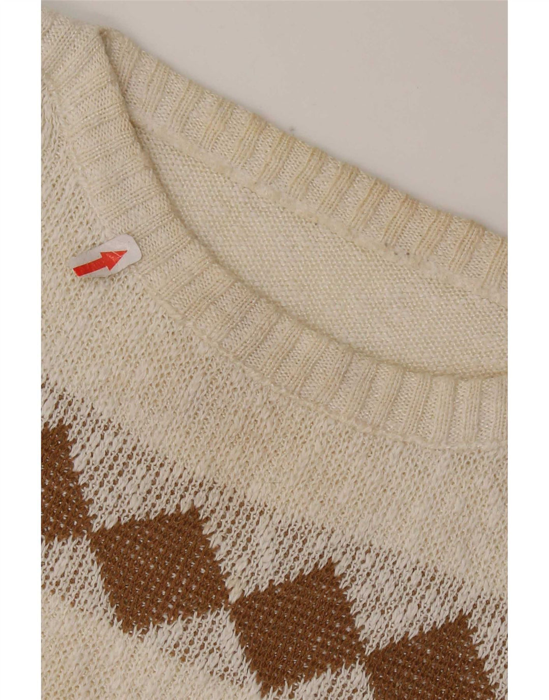 Suéter feminino vintage com gola canoa Reino Unido 14 médio branco geométrico