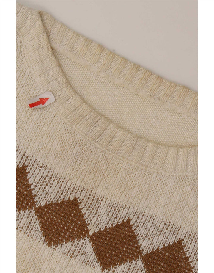 Suéter feminino vintage com gola canoa Reino Unido 14 médio branco geométrico