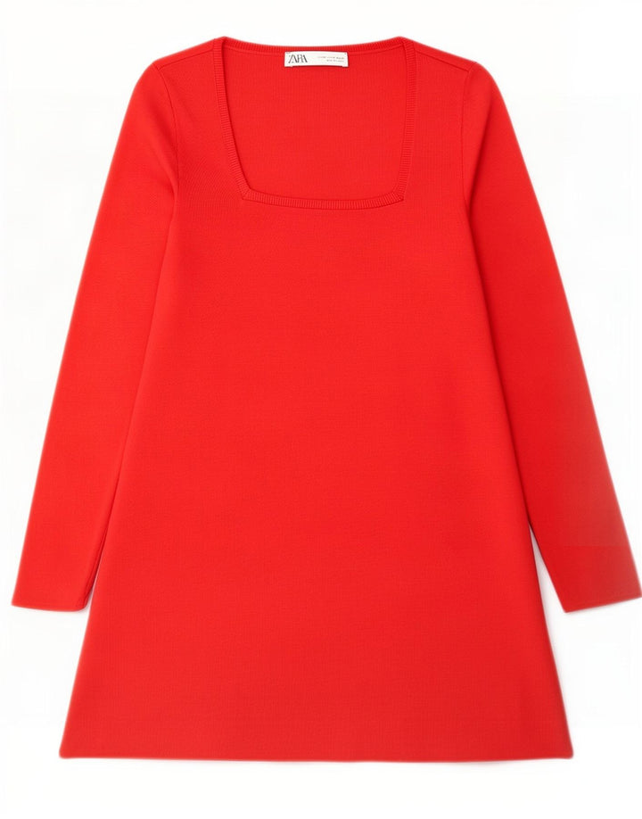Vestido feminino Zara manga comprida evasê Reino Unido 14 poliéster vermelho médio