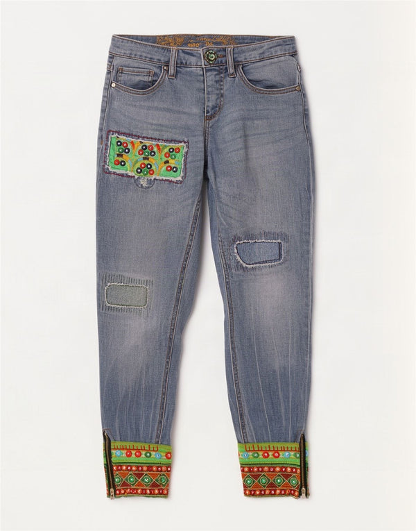 Desigual Joggers femininos jeans cônicos W24 L27 patchwork azul