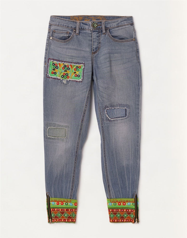 Desigual Joggers femininos jeans cônicos W24 L27 patchwork azul