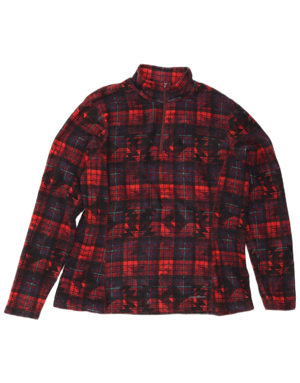 Jumper de lã feminino Eddie Bauer com zíper e gola UK 16 grande vermelho geométrico