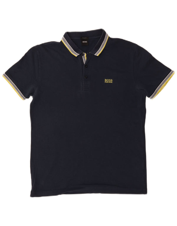 Camisa polo masculina Hugo Boss grande algodão listrado azul marinho