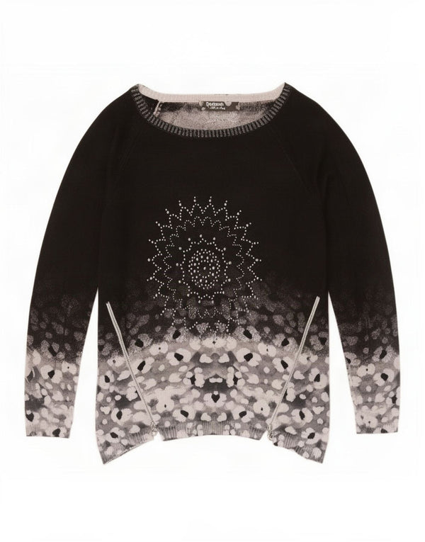 Suéter feminino Desigual com gola canoa UK 14 médio preto floral