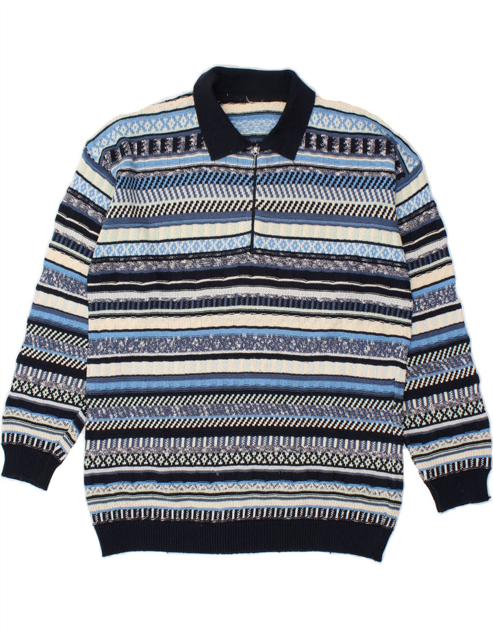 Suéter masculino VINTAGE com gola polo grande listrado azul