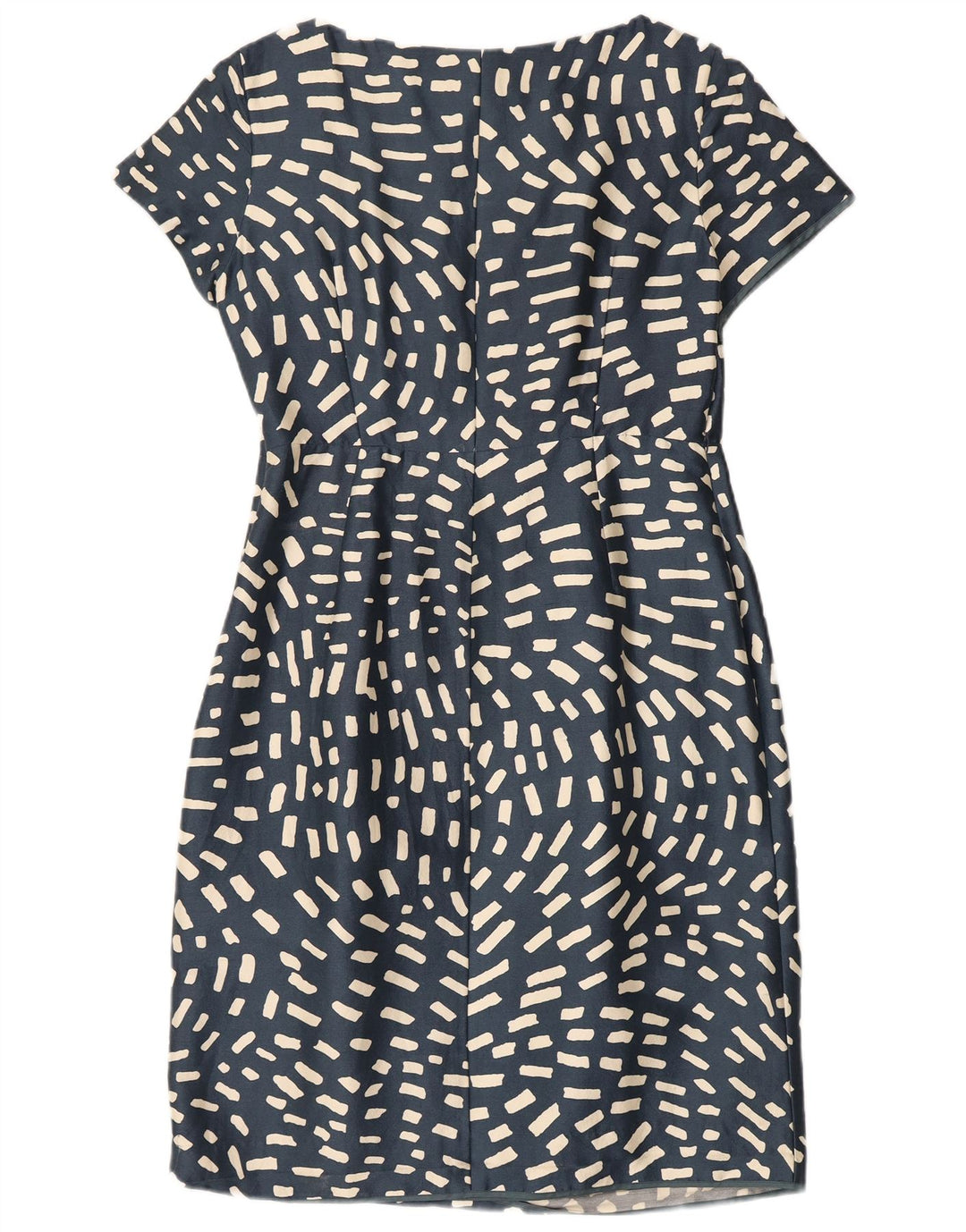 Vestido bainha feminino Fenn Wright Manson Reino Unido 14 seda geométrica azul médio