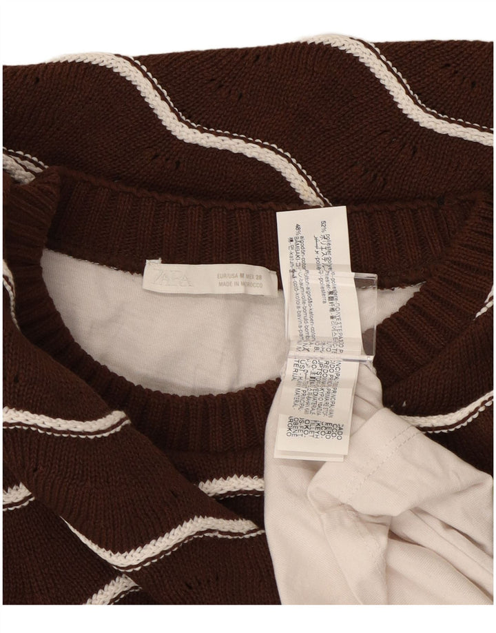 Suéter feminino ZARA com gola redonda, listrado marrom médio, Reino Unido 14