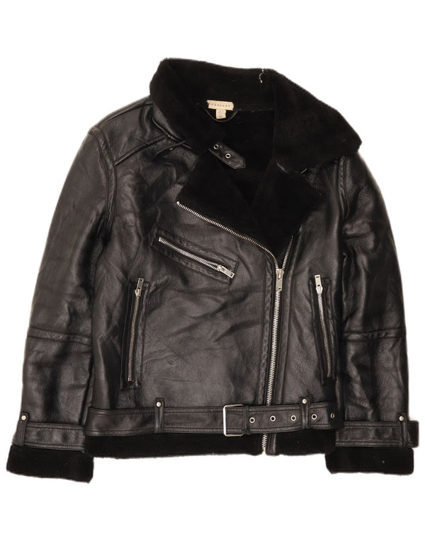 Jaqueta feminina Sherpa Biker de grandes dimensões da Topshop Reino Unido 10 pequena poliuretano preto