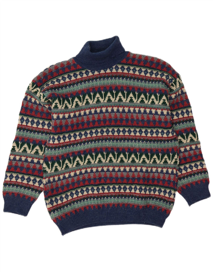 Suéter vintage masculino com gola redonda, grande lã multicolorida Fair Isle