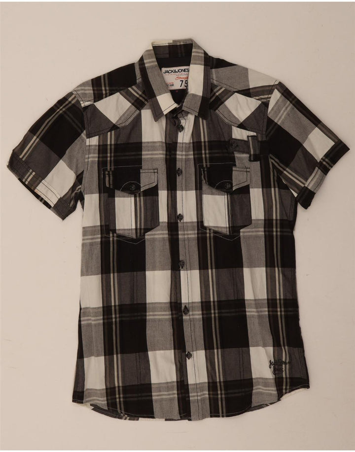 Camisa masculina de manga curta Jack & Jones, algodão xadrez preto médio