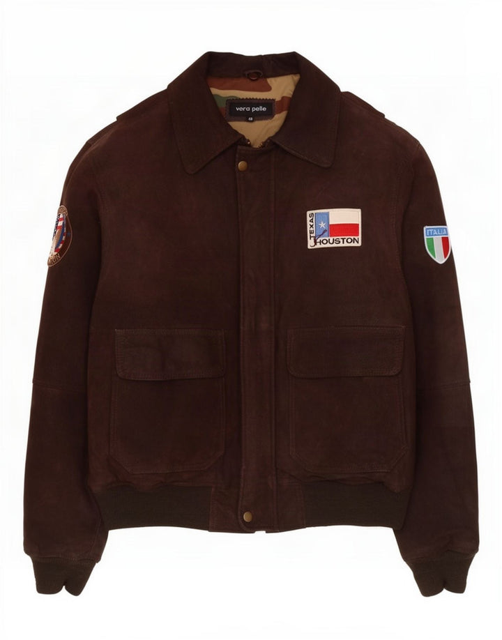 Jaqueta de couro gráfica masculina vintage IT 48 marrom médio