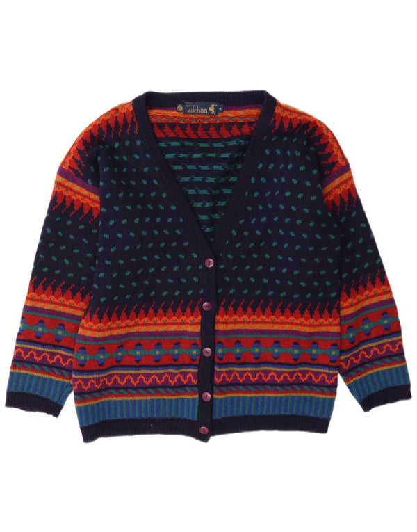 Suéter cardigã feminino Tulchan Reino Unido 14 lã geométrica multicolorida média