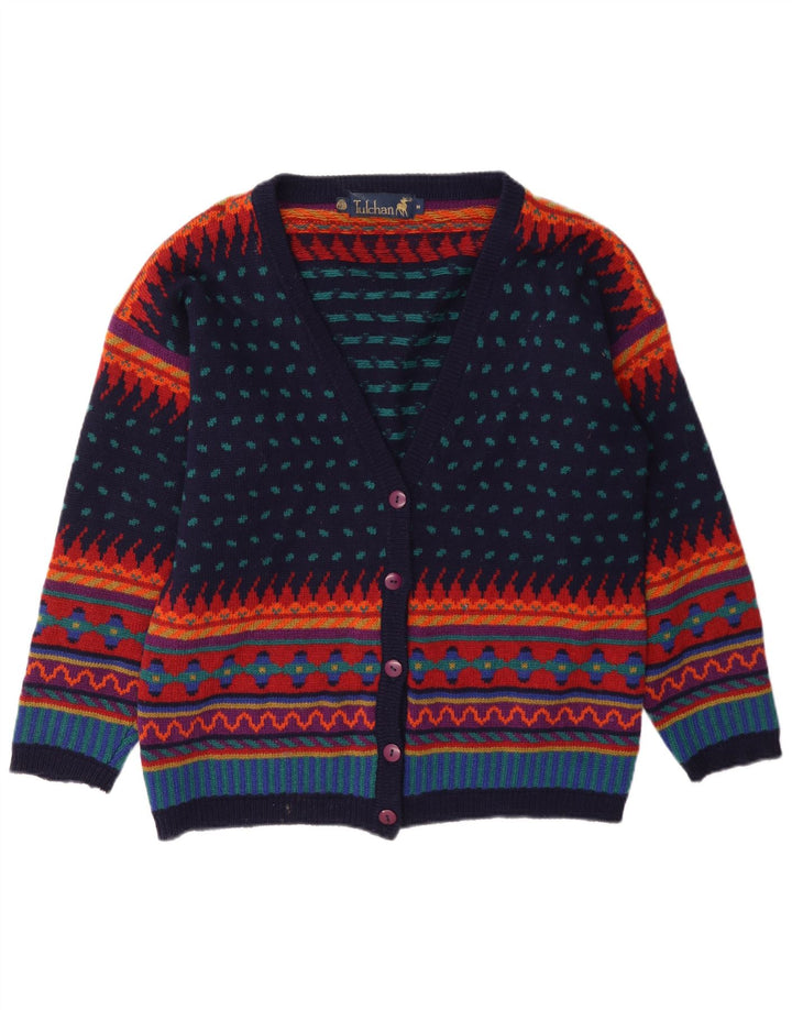 Suéter cardigã feminino Tulchan Reino Unido 14 lã geométrica multicolorida média