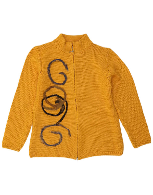 Suéter cardigã gráfico feminino vintage Reino Unido 14 grande amarelo geométrico