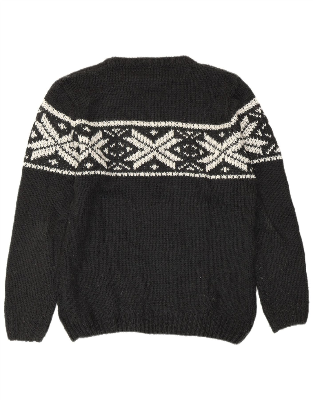 Suéter feminino VINTAGE com gola redonda Reino Unido 16 grande lã preta Fair Isle