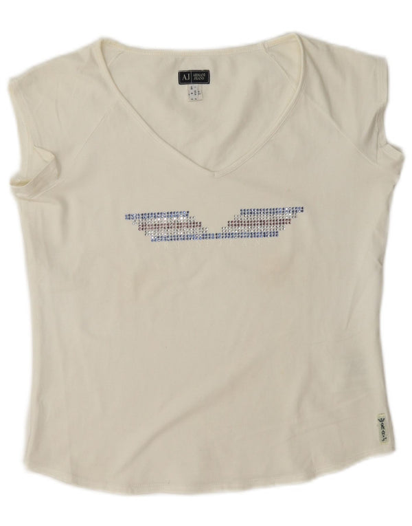 Armani Jeans Camiseta Feminina Crop Graphic Top Reino Unido 10 Pequeno Algodão Branco