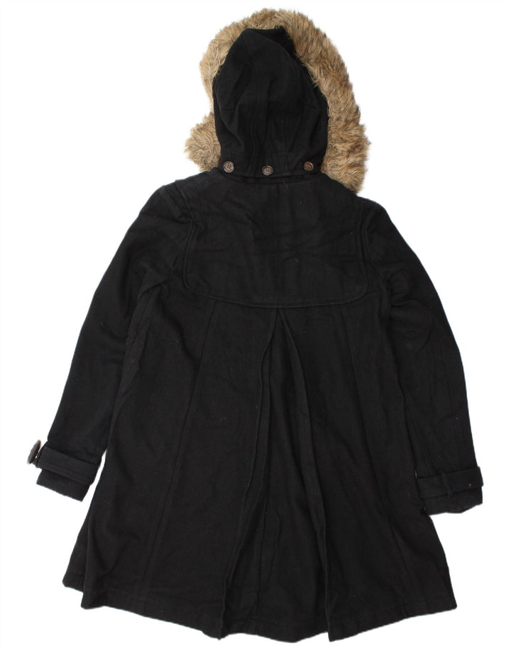 Casaco Duffle feminino vintage com capuz Reino Unido 10 lã preta pequena
