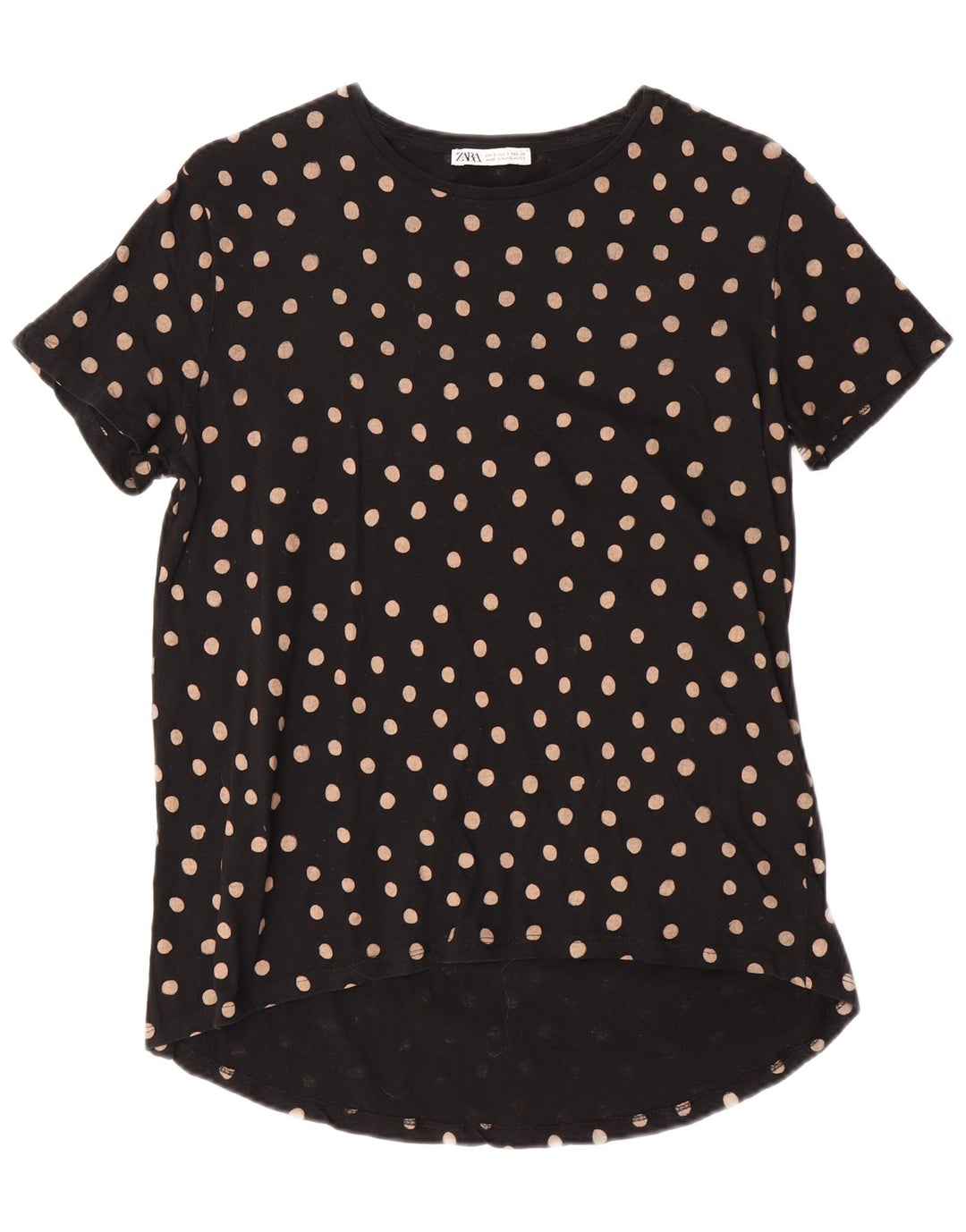 Camiseta feminina ZARA UK 10 pequena bolinha preta algodão