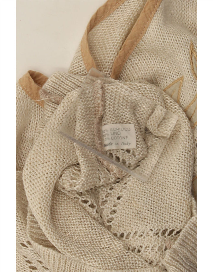 Colete feminino vintage regata UK 12 acrílico floral bege médio