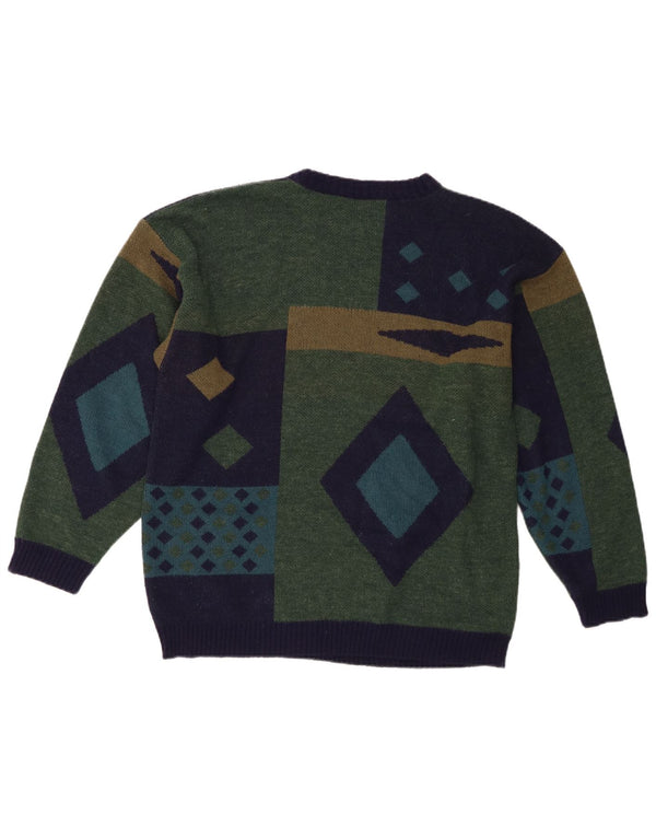 Suéter vintage masculino com gola redonda, verde médio geométrico