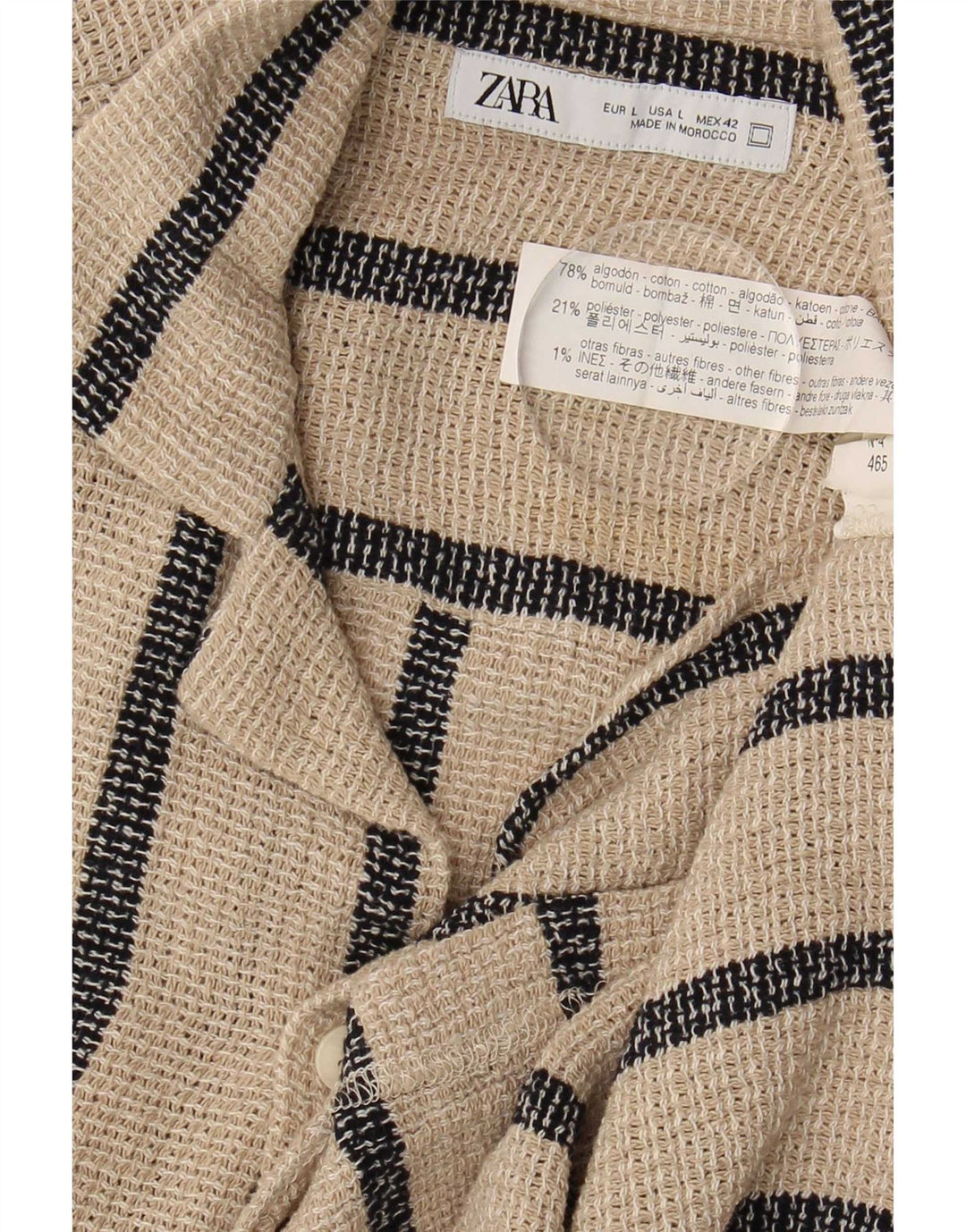Zara Camisa masculina de manga curta grande algodão listrado bege