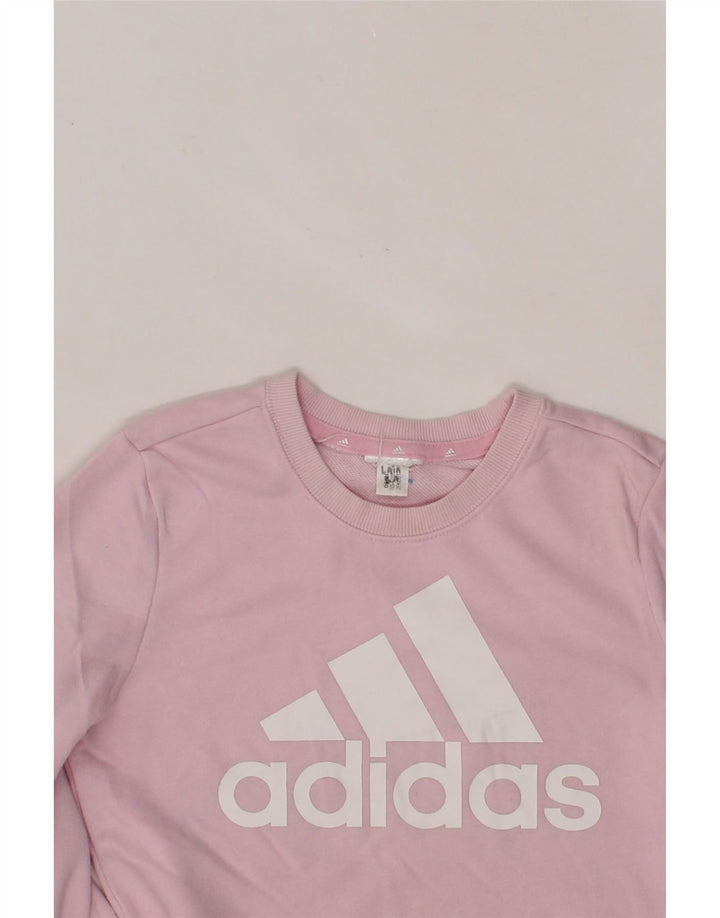 ADIDAS Girls Graphic Sweatshirt Jumper 9-10 Years Pink Vintage Adidas and Second-Hand Adidas from Messina Hembry 