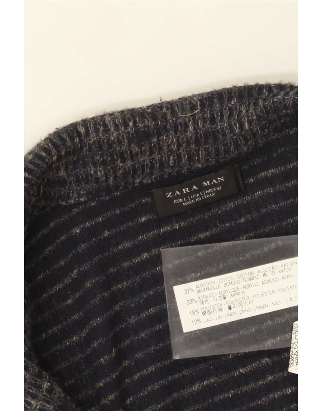 Suéter cardigã masculino Zara grande algodão manchado azul marinho