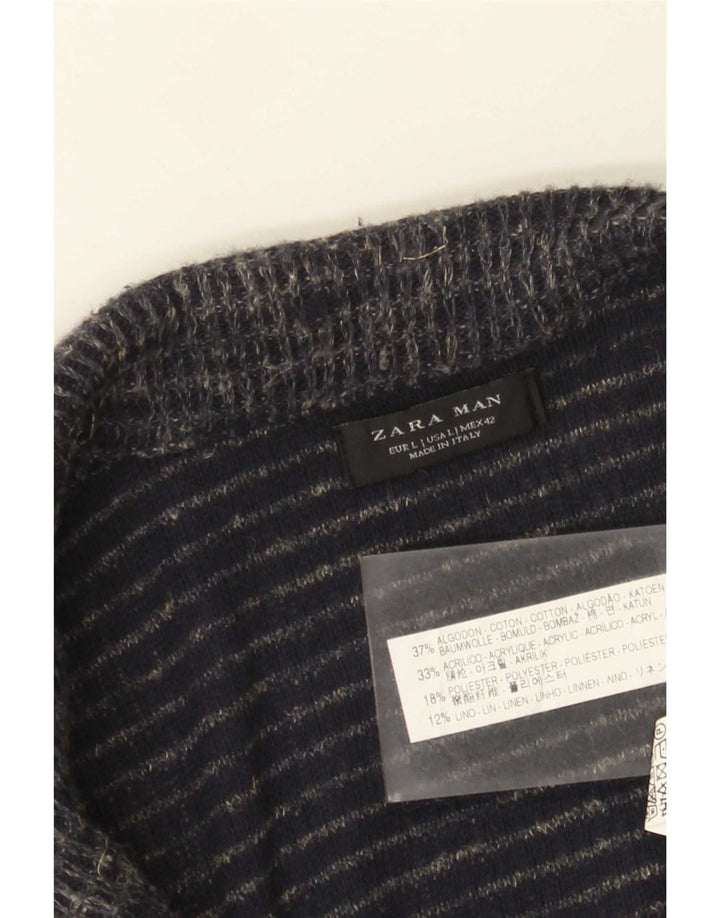 Suéter cardigã masculino Zara grande algodão manchado azul marinho