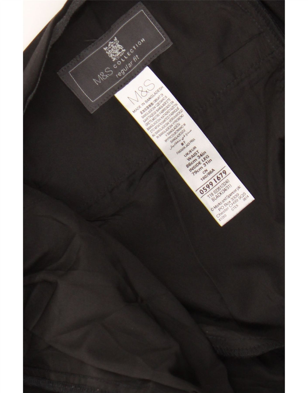 Calça masculina de ajuste regular Marks & Spencer W34 L27 poliéster preto