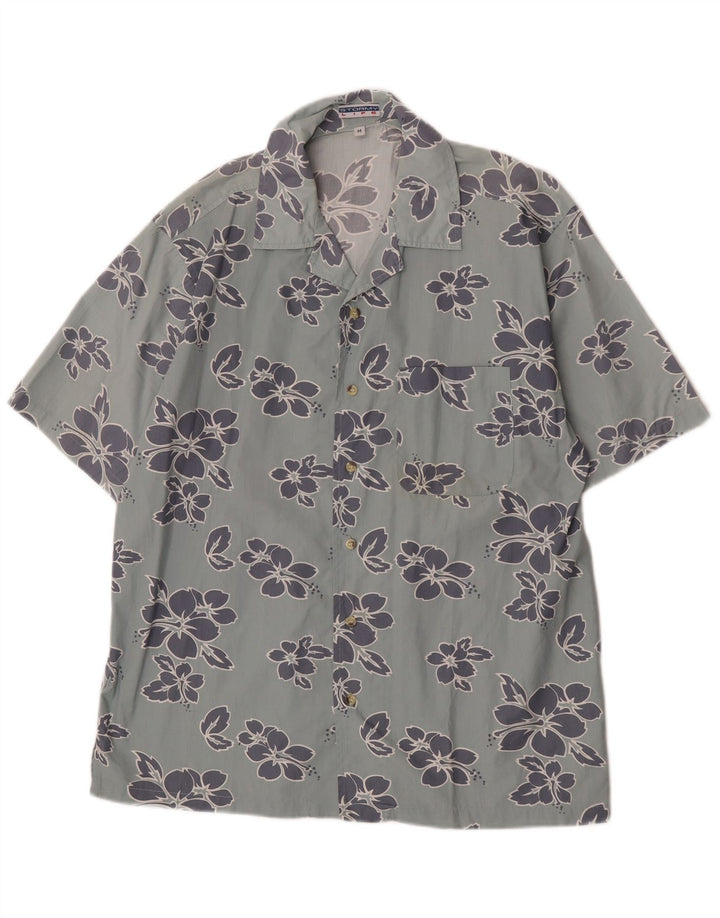 Camisa masculina vintage de manga curta algodão floral azul médio