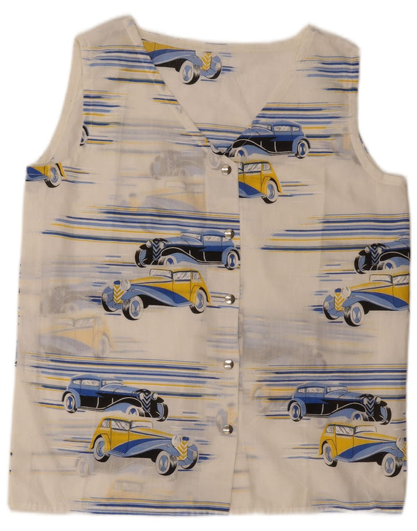 Blusa feminina vintage com padrão abstrato sem mangas Reino Unido 14 grande branca
