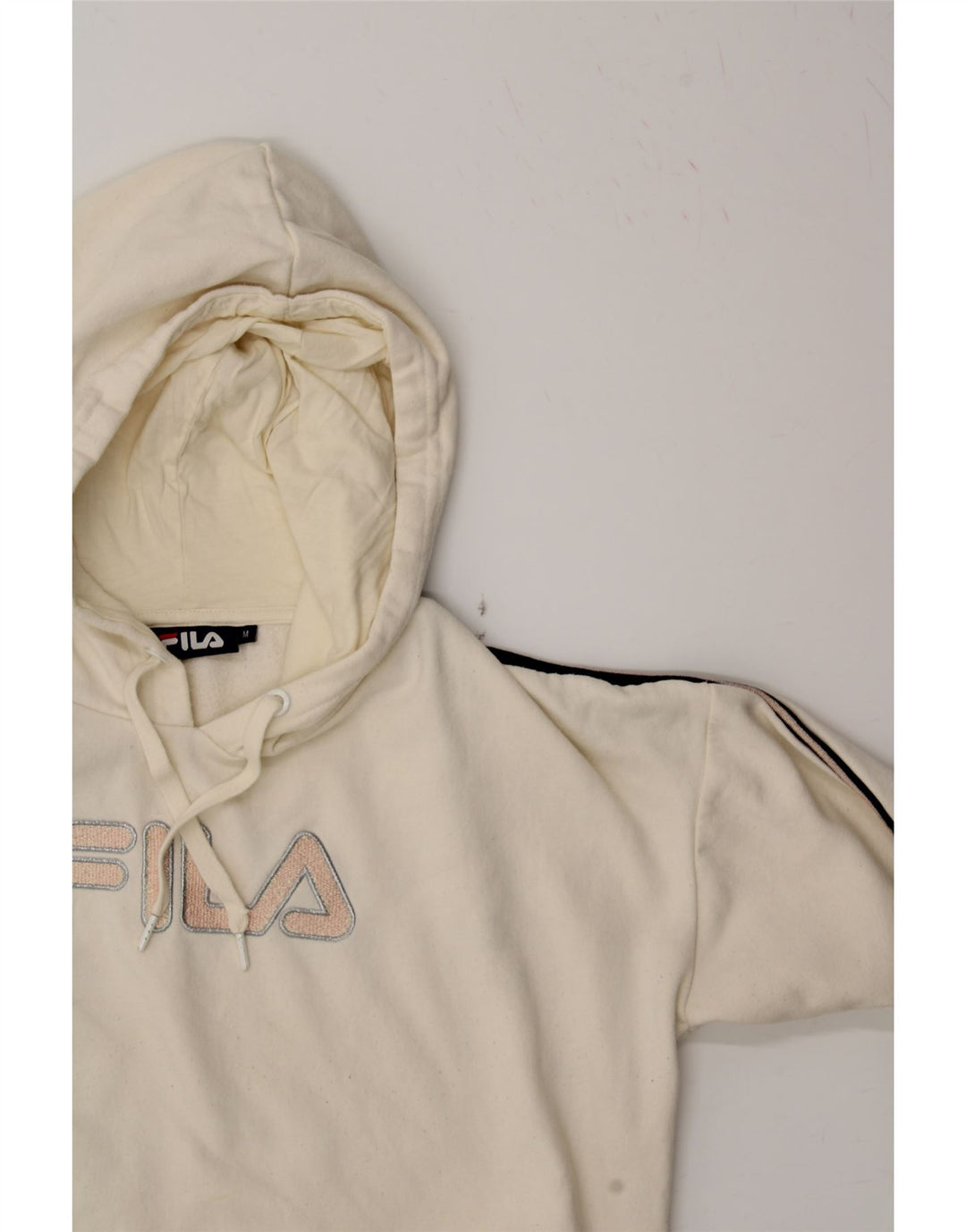 FILA Womens Graphic Hoodie Jumper UK 14 Medium Off White Cotton Vintage Fila and Second-Hand Fila from Messina Hembry 