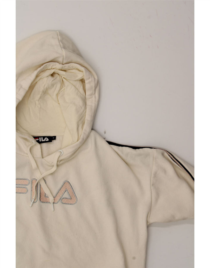 FILA Womens Graphic Hoodie Jumper UK 14 Medium Off White Cotton Vintage Fila and Second-Hand Fila from Messina Hembry 